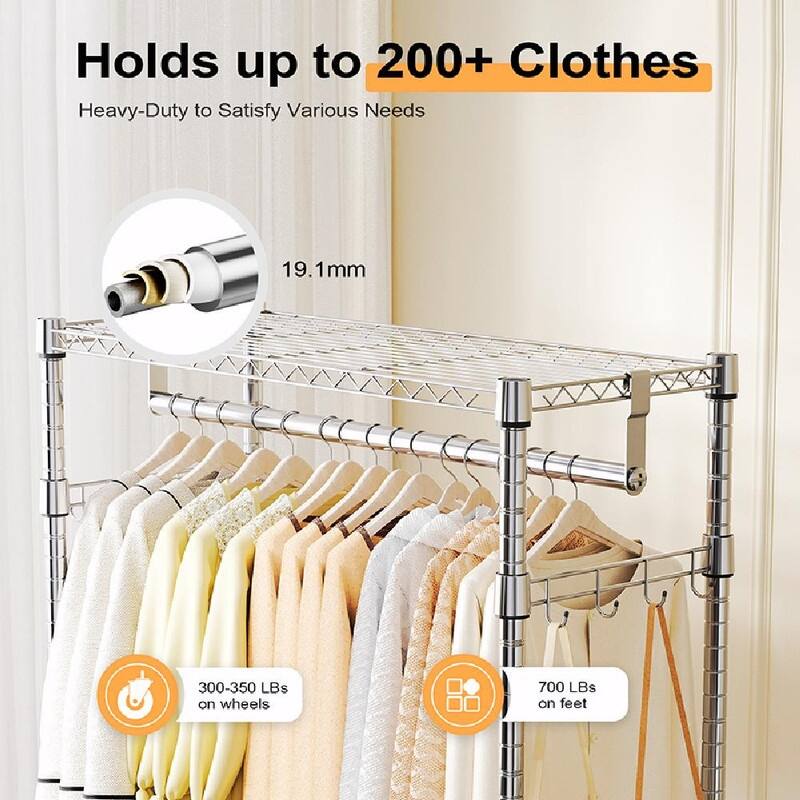 Heavy Duty Rolling Garment Rack with Wheels, 3-Tier Adjustable Wire Shelving, Clothes Rack with 2 Rods & Side Hooks
