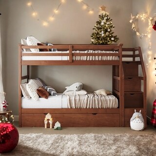Twin Over Twin Bunk Bed With Twin Trundle and 3 Storage Stairs for Kids