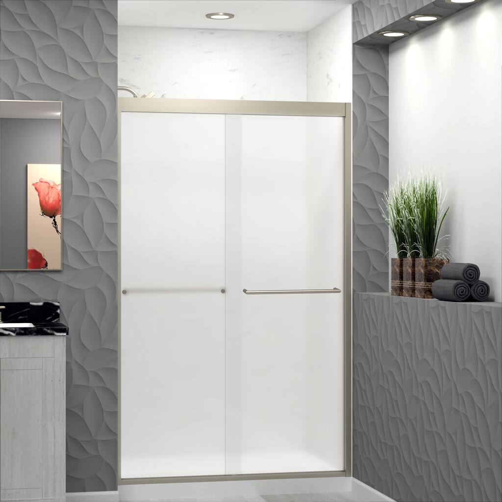 Frederick 47 in. W x 76 in. H Sliding Semi-Frameless Shower Door in Brushed Nickel with Frosted Glass - 48 x 76 - 48 x 76