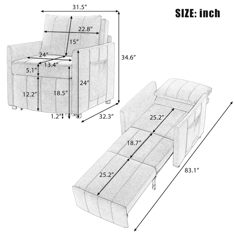 Roomfitters Convertible Sleeper Sofa with Pull-Out Bed 5-Position Adjustable Backrest Side Pockets & Storage Basket