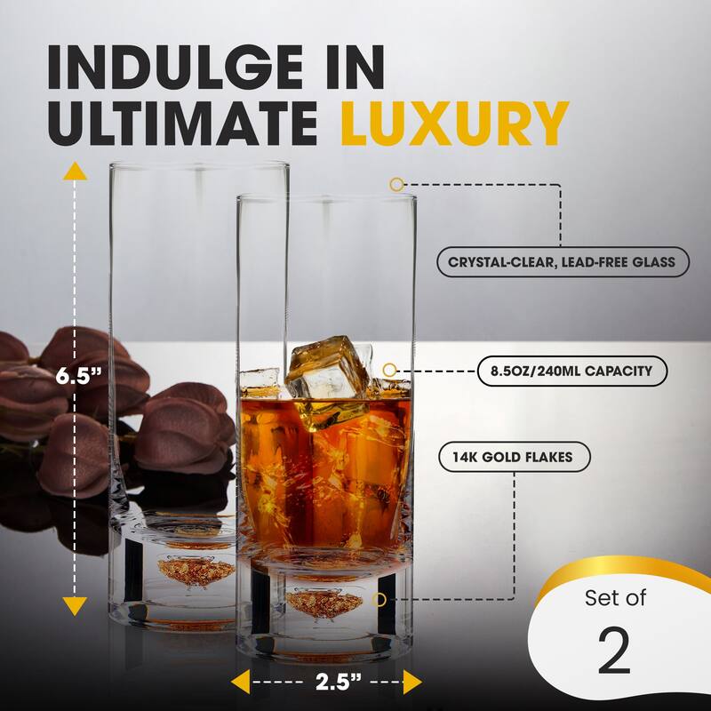 Berkware Lowball Whiskey Glasses with Unique Embedded Gold Flake Design