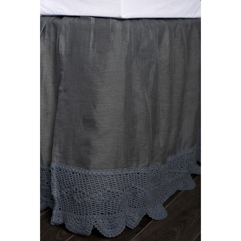 Eveline Linen Steel Blue Crochet Bed Skirt, King