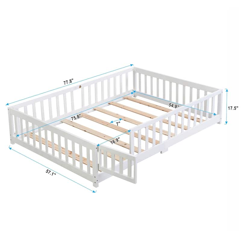 Full Size Wood Platform Bed Frame with Door, Fence