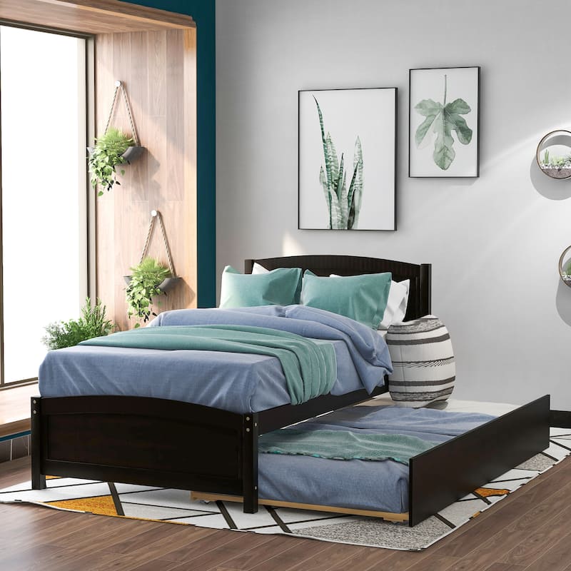 Twin Size Wood Platform Bed with Trundle - Espresso - Twin