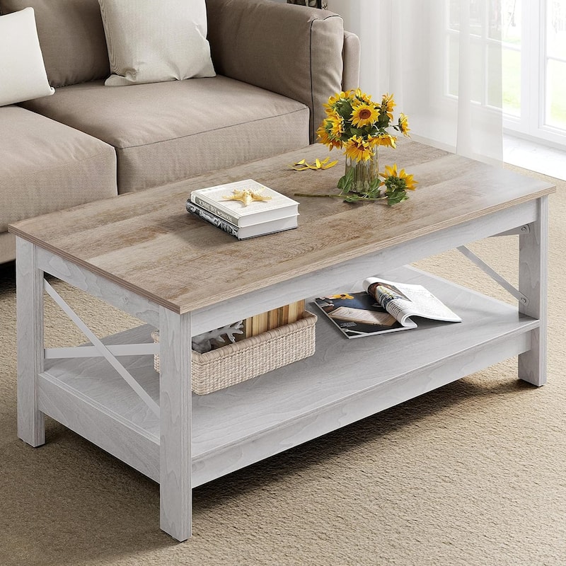 Moasis Farmhouse Coffee Table with Shelf, 2-Tier Center Table for Living Room - 22"X39" - Grey Wash