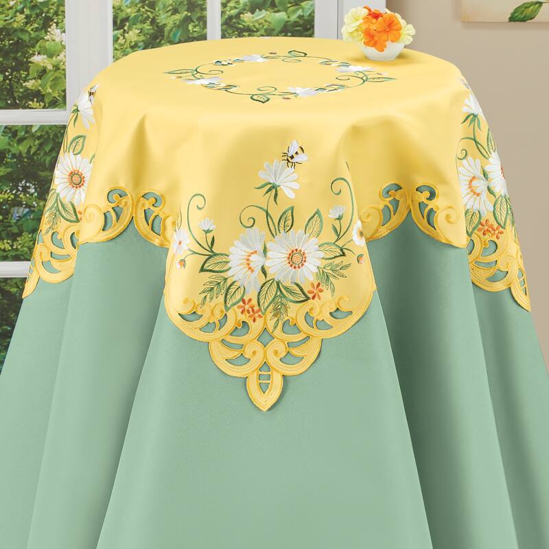 Embroidered Gerbera Daisies Scalloped Edge Table Linens - Yellow - Square