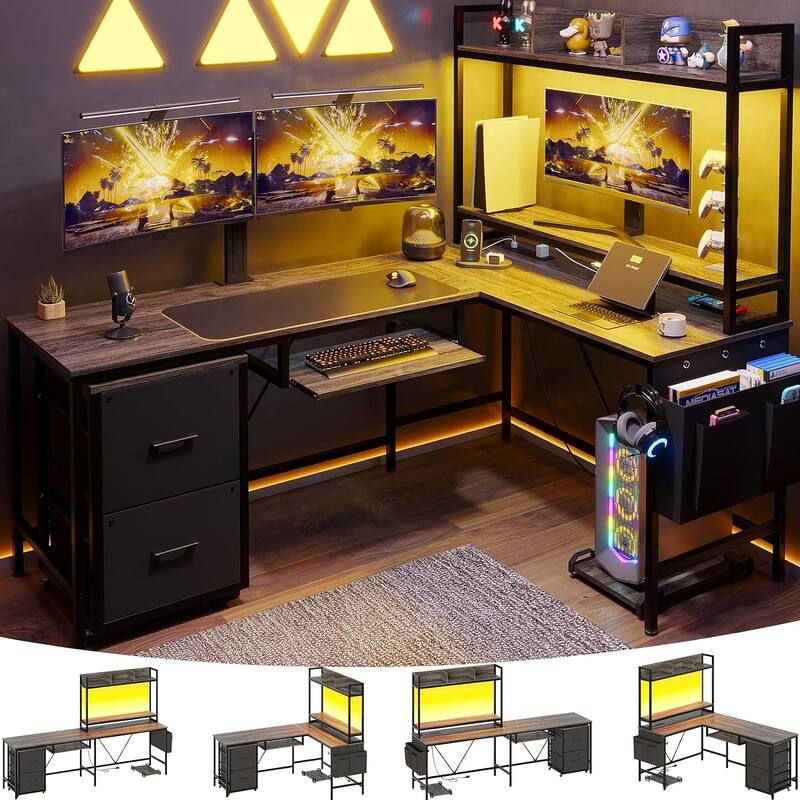 Reversible L Shaped Gaming Desk Power Outlet LED Light