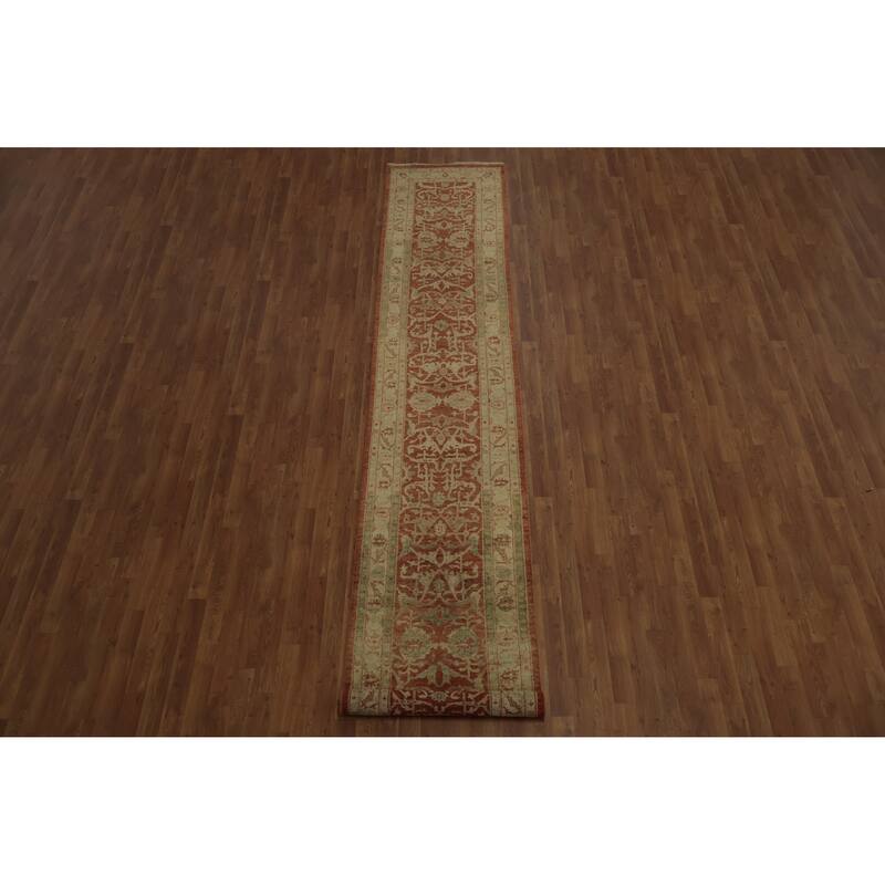 Hand Knotted Oriental 100% Wool Carpet Traditional Floral Oranges & Rust Ziegler Runner Rug - 13' 2'' X 2' 6''