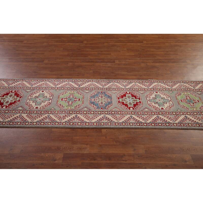 Gray Kazak Oriental Runner Rug Hand-Knotted Hallway Wool Carpet - 2'6" x 20'0"
