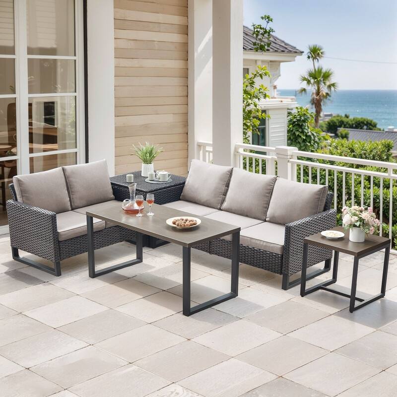 Gymojoy 5 Person All-Weather Wicker Outdoor Conversation Set Seating Group With Side Table And Storage Box