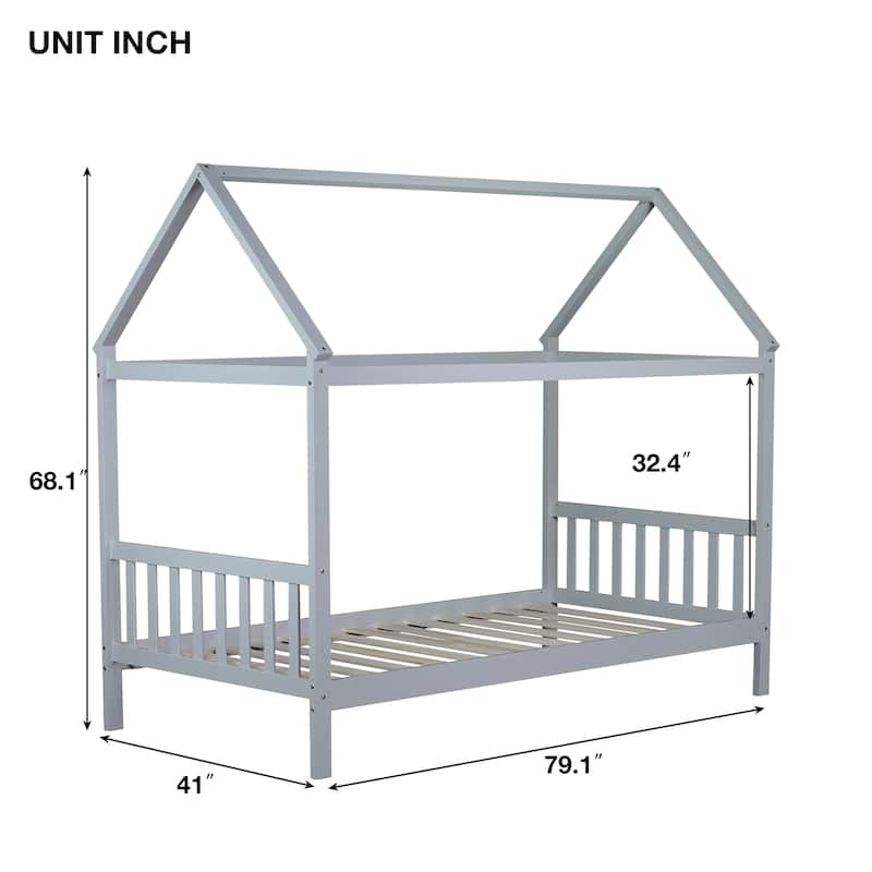 House Bed with Headboard and Footboard, Twin Rubber Wood Bed with House Frame