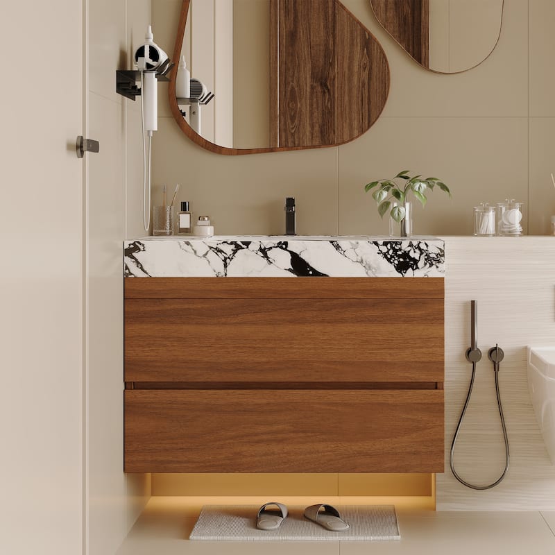 29.9" Modern Floating Bathroom Vanity with Faux Marble Top and Ceramic Undermount Sink, Wall-Mounted for Small Bathrooms