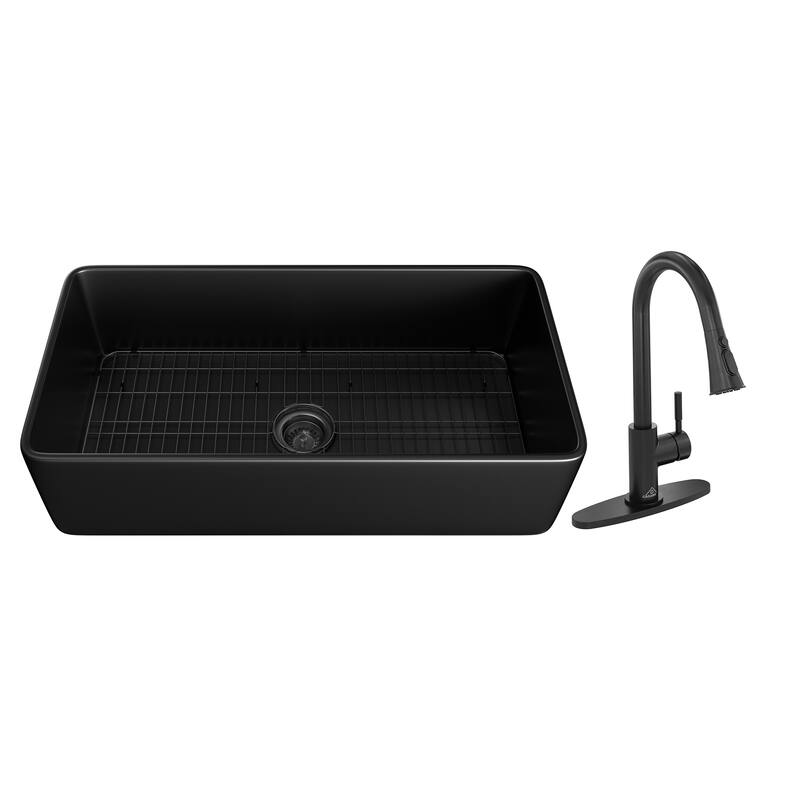 All-in-One Kit Fireclay Single Bowl Farmhouse/Apron-Front Kitchen Sink with Pull Down Sprayer Kitchen Faucet and Accessories