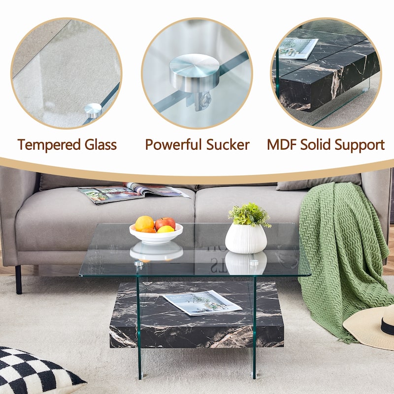 Roomfitters Square Glass Coffee Table with Walnut Finish, Two-Tier Modern Accent Table for Compact Spaces
