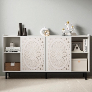 Distressed White Wood Curio Cabinet with Carved Fir Doors and Shelving - Mid-Century Console Table