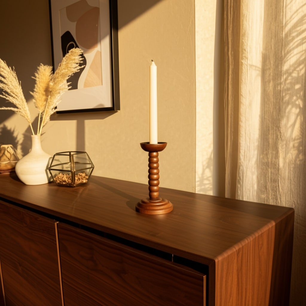 Wood Candle Holder Sculpted Round Base and Turned Detailing Accent