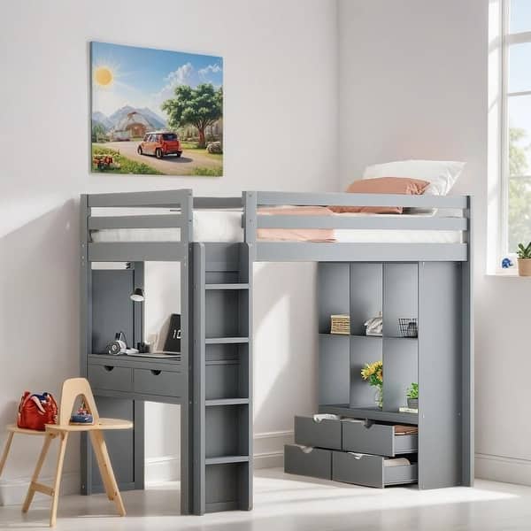 slide 2 of 8, Twin Size Loft Bed with Large Storage Shelves, Wooden Bed with Writing Desk and Led Light, Kid's Bed with Drawers, Gray