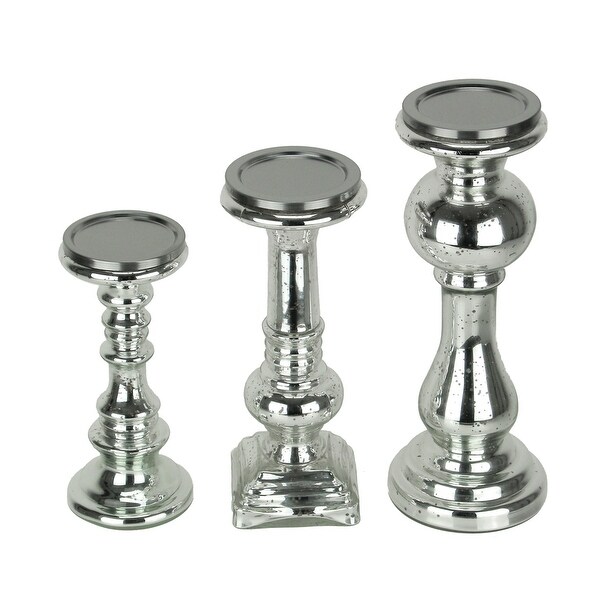 Silver Mercury Glass Pedestal Pillar Candle Holder Set of 3 - 13 X 5 X 5 inches