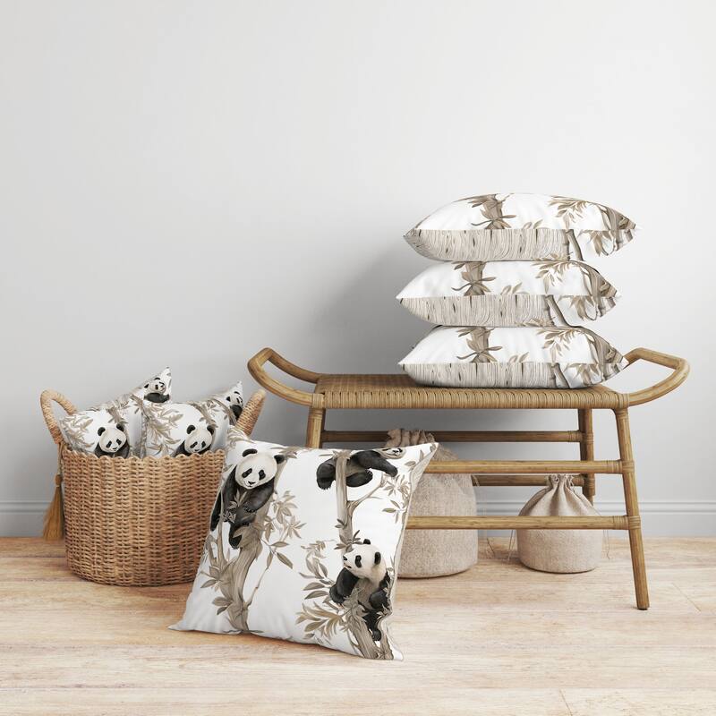 Climbing Panda Faux Suede Reversible Throw Pillow Beige and Black