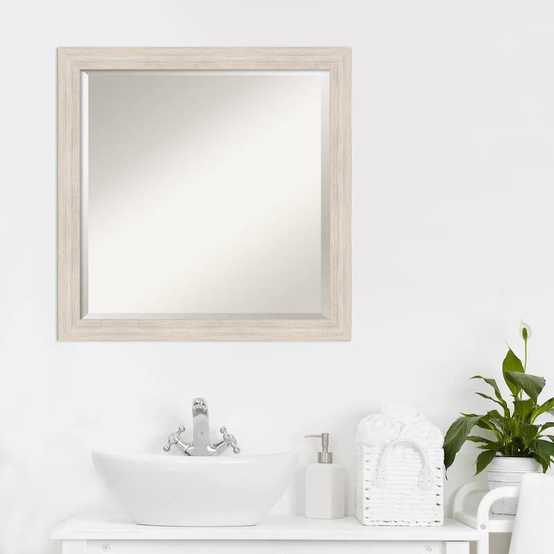 Beveled Wood Bathroom Wall Mirror - Hardwood Whitewash Narrow Frame - Hardwood White Wash Narrow