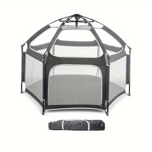 slide 2 of 7, Folding Playhouse with Sunshade and Mesh Panels Ideal for Indoor and Outdoor Activities - 53.14”L x 53.14”W x 33.46”H Grey