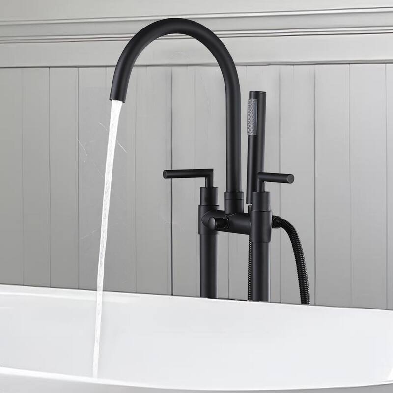 2-Handle 2-Hole Freestanding Tub Faucet with Hand Shower in Black/Gold
