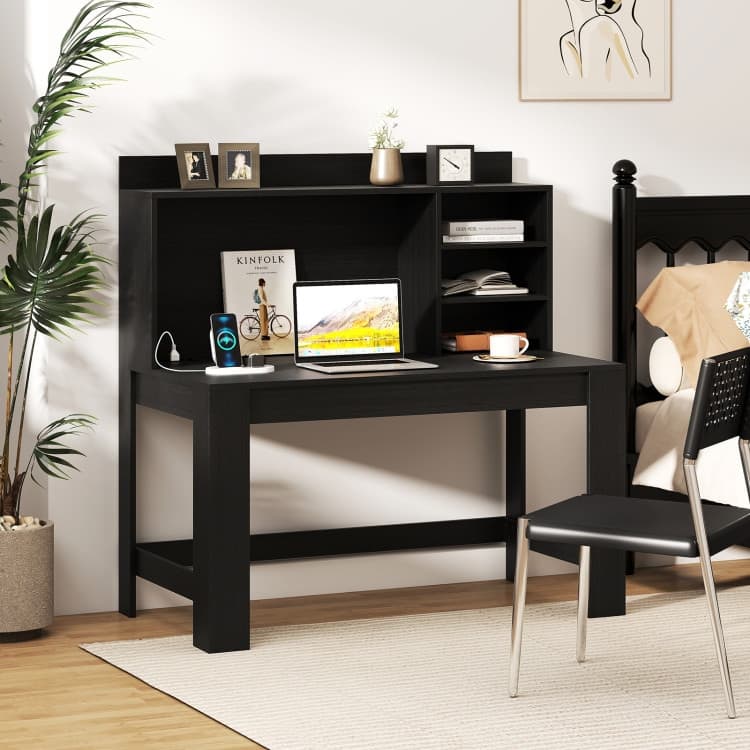 Modern White Computer Desk with Hutch & Charging Station 42.5'' MDF Workstation with USB