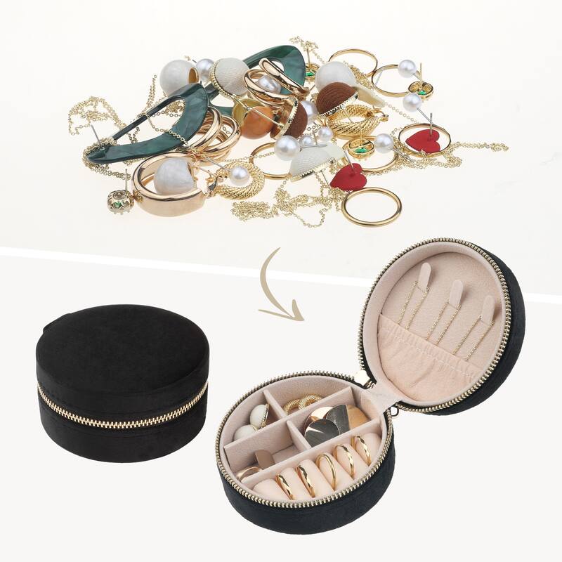 Travel Jewelry Box for Women, Teen Girl Gifts, Small Portable Plush Velvet Jewelry Organizer Case Storage Display Holder - Black