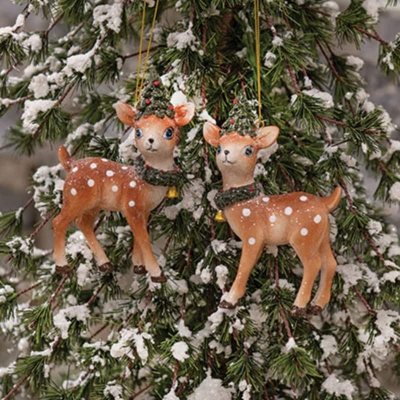 Resin Fawn Christmas Ornaments with Wreath and Tree Accents - 2 Asstd. - 5.25” high by 3.5” wide by 1” deep