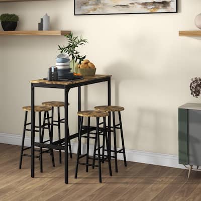 5-Piece Rustic Dining Table Set with Metal Frame and Adjustable Foot Pads Included 4 Stools - 41.3" L x 15.7" W x 35.4" H