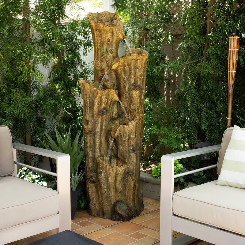 Alpine Corporation 65 Tall Outdoor 4 Tier Cascading Tree Bark Water Fountain with LED Lights Elegant Water Feature for Garden