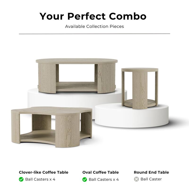 Furniture of America Piez Modern 2-Piece Oak Solid Wood Oval Cocktail Table Set with Casters