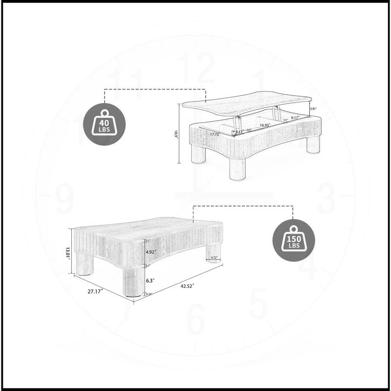 42" Lift Top Coffee Table with Fluted Panel Hidden Storage