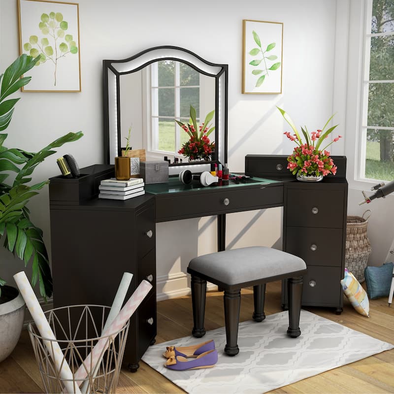 Furniture of America Ulru Transitional Solid Wood 3-Piece Makeup Vanity Set with LED