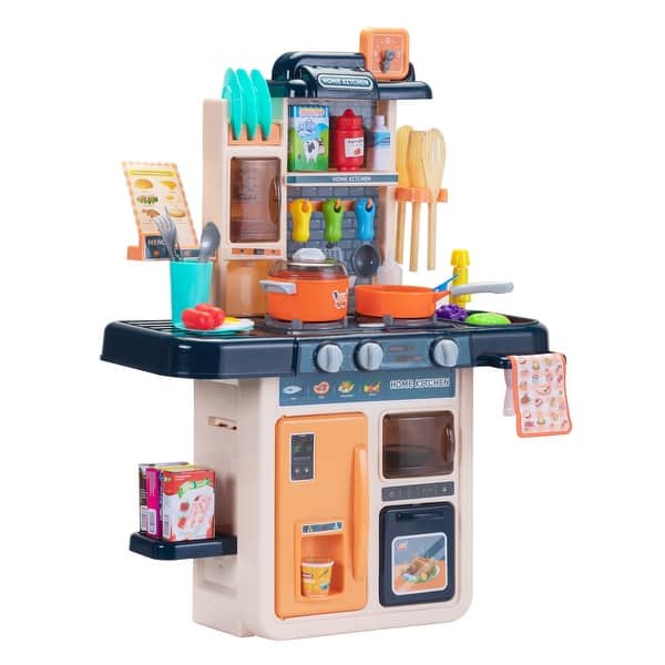 slide 2 of 11, Kids Kitchen Playset 42 PCS Toy Accessories Set, Kitchen Toy Cookware w/ Real Sounds and Light for Kids, Blue Kitchens