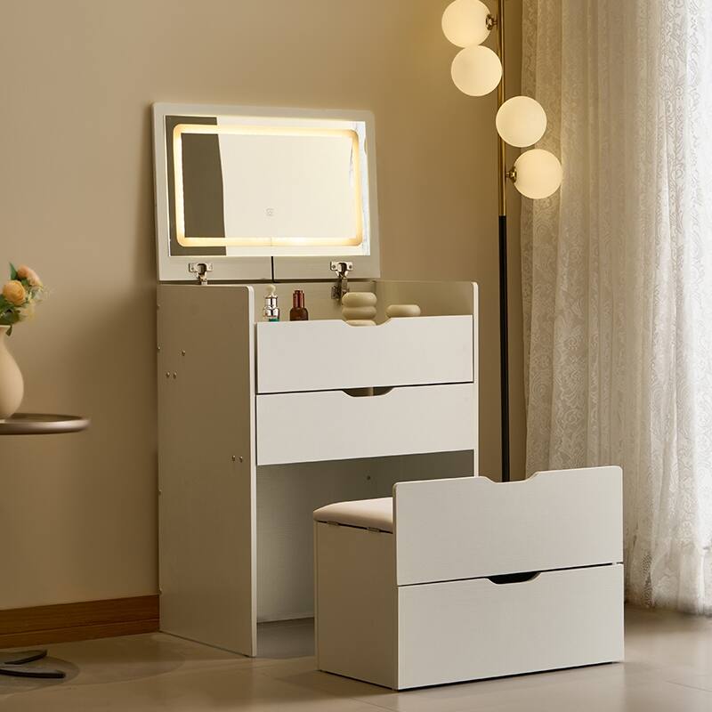 3 in 1 Vanity Desk with Plip-up Mirror & Lights, Glass Top Small Makeup Vanity, Makeup Desk with 3 Drawers & Storage Bench - White
