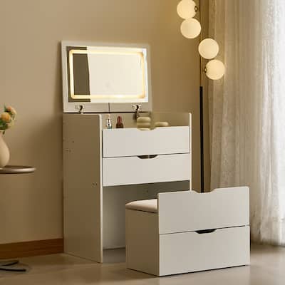 3 in 1 Vanity Desk with Plip-up Mirror & Lights, Glass Top Small Makeup Vanity, Makeup Desk with 3 Drawers & Storage Bench