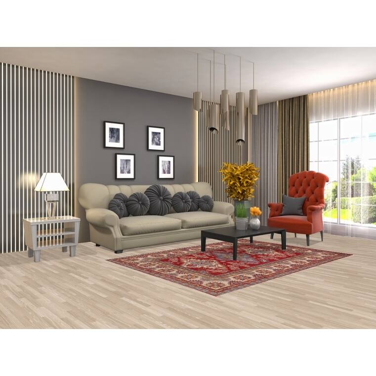 Red Geometric Kazak Area Rug Hand-Knotted Traditional Wool Carpet - 4'10" x 6'9"