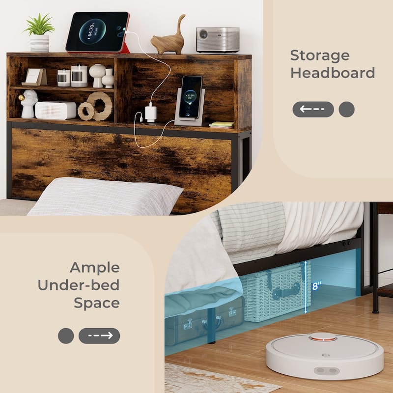 Metal Platform Bed Frame with Headboard Storage and USB Charging Ports
