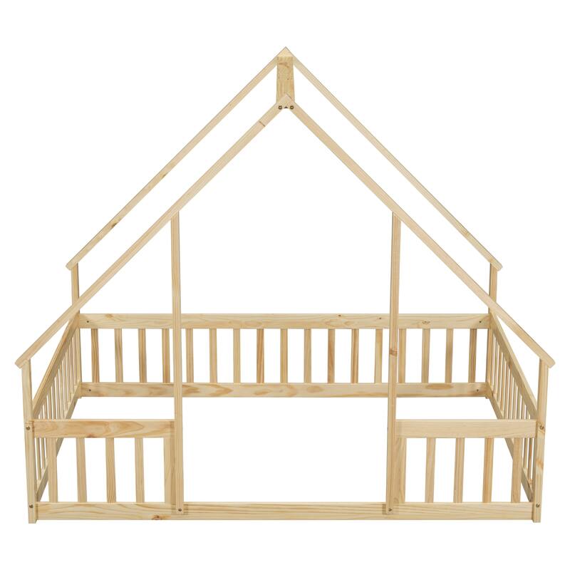 Natural Full Size Pine House-Shaped Floor Bed with Roof & Guardrails
