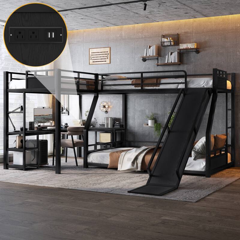 L-Shaped Metal Bunk Bed (Top Bed: Twin, Bottom Bed: Full ) with Single Loft Bed, Desk, and Storage Shelves USB Charging Port