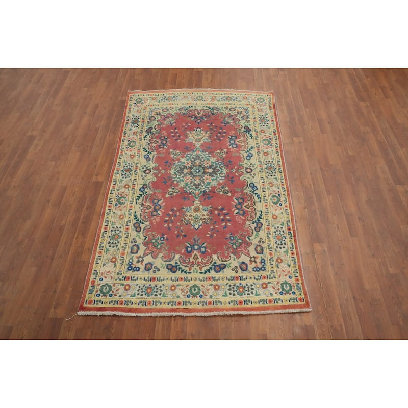 Hand Knotted Oriental 100% Wool Carpet Traditional Floral Pink Tabriz Area Rug - 6' 11'' X 4' 3''