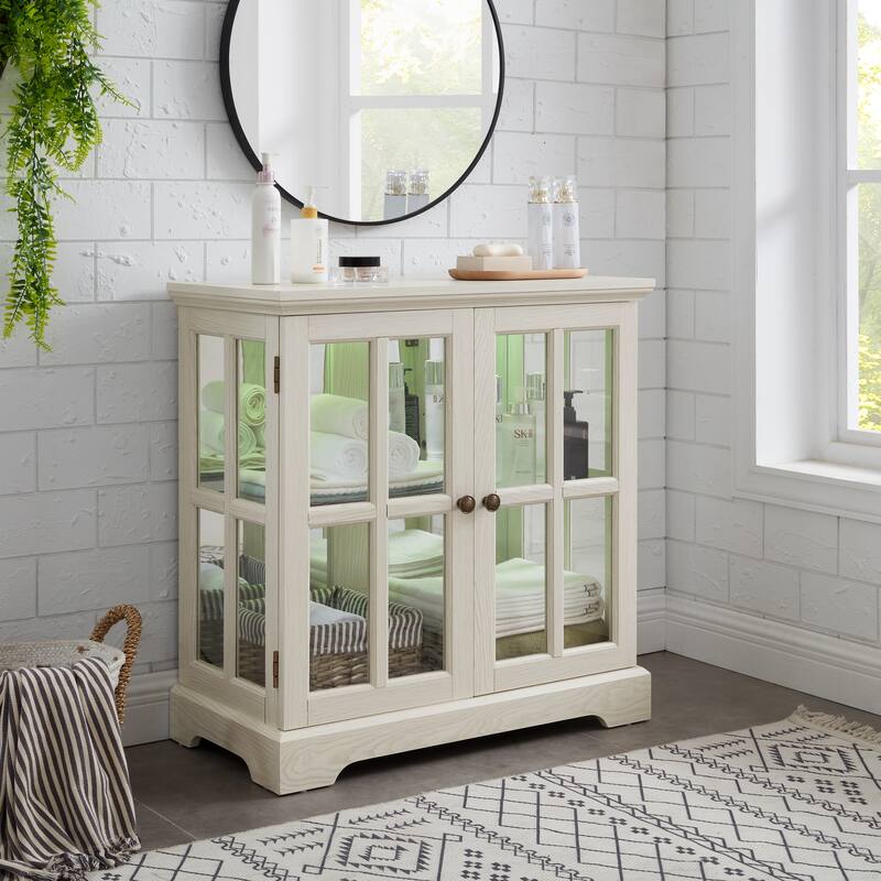 Retro Display Cabinet with Lattice Doors, Adjustable Shelve and LED Lights