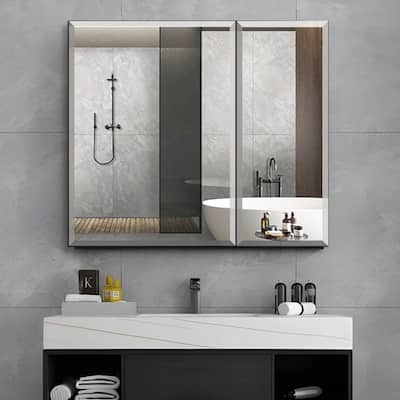 30''×26'' Aluminum Medicine Cabinet with Mirror Surface Mount or Recess, Large Storage Space