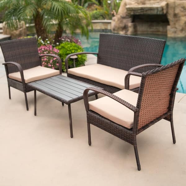 Shop Belleze 4 Piece Outdoor Patio Wicker Set All Weather Rectangular Table Waterproof Outdoors Patio Backyard Brown Grey Overstock 21935259