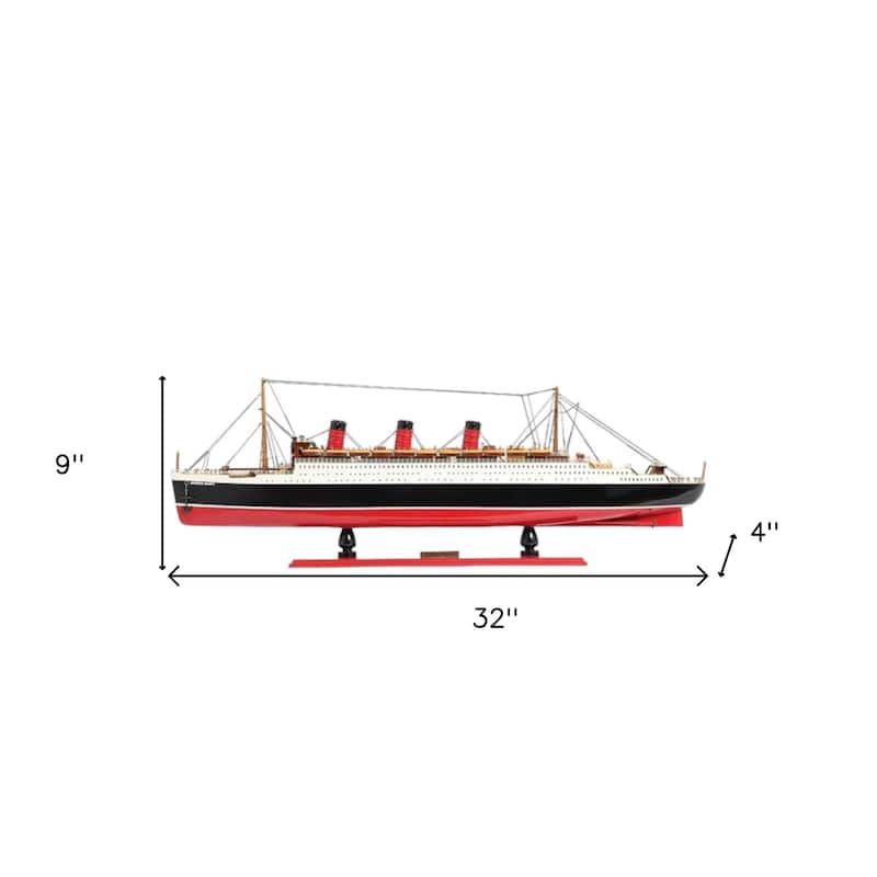 HomeRoots 9" Black and Red Solid Wood Hand Painted SS United States 1952 Model Boat - 32' X '9' X '4