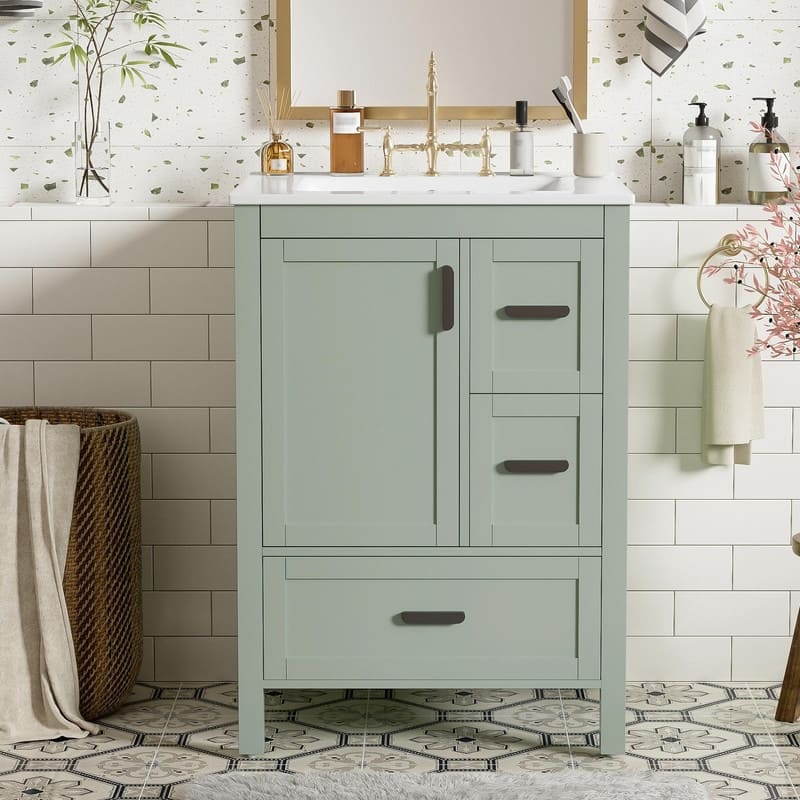 24" Modern Bathroom Vanity with Ceramic Sink, Soft-Close Door, Double-Layer Door Shelf & 3 Drawers - Green