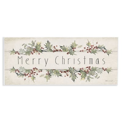 Stupell Merry Christmas Sentiments Winter Holly Florals Wood Wall Art, 7 x 17 - Beige