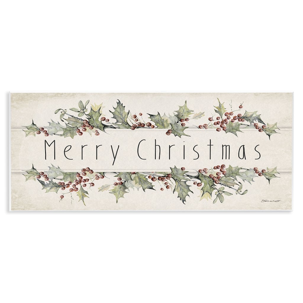 Stupell Merry Christmas Sentiments Winter Holly Florals Wood Wall Art, 7 x 17 - Beige