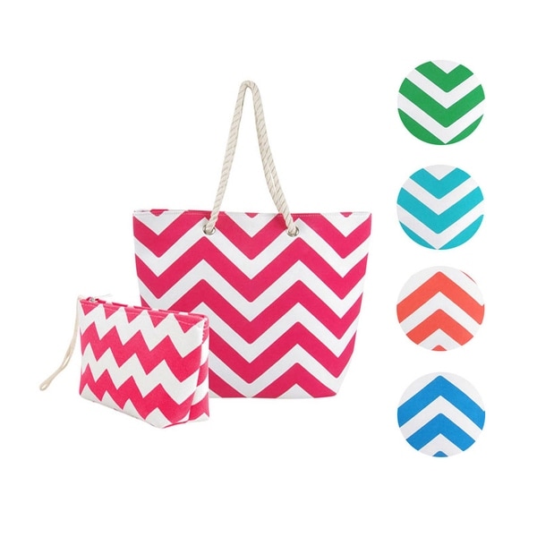 Swan Comfort Striped Canvas Chevron Shoulder Beach Tote Bag with Pouch - Medium